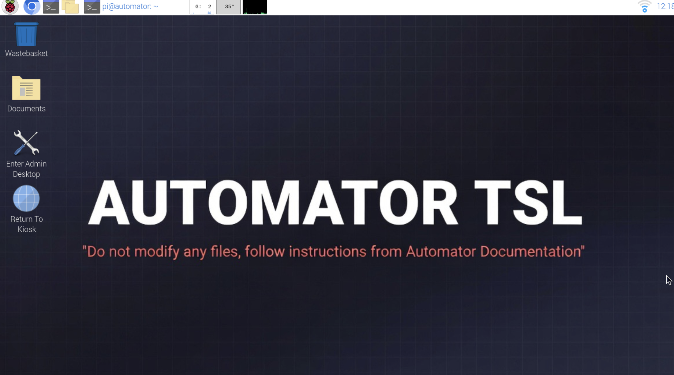 Full Raspberry Pi admin desktop with kiosk exit and return-to-kiosk shortcut icons visible on the desktop