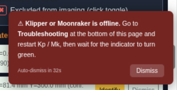 Klipper/Moonraker offline notification banner at the bottom-right of the imaging page