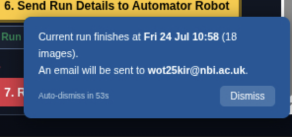 Confirmation popup after Send Run Details showing estimated finish time and email recipient