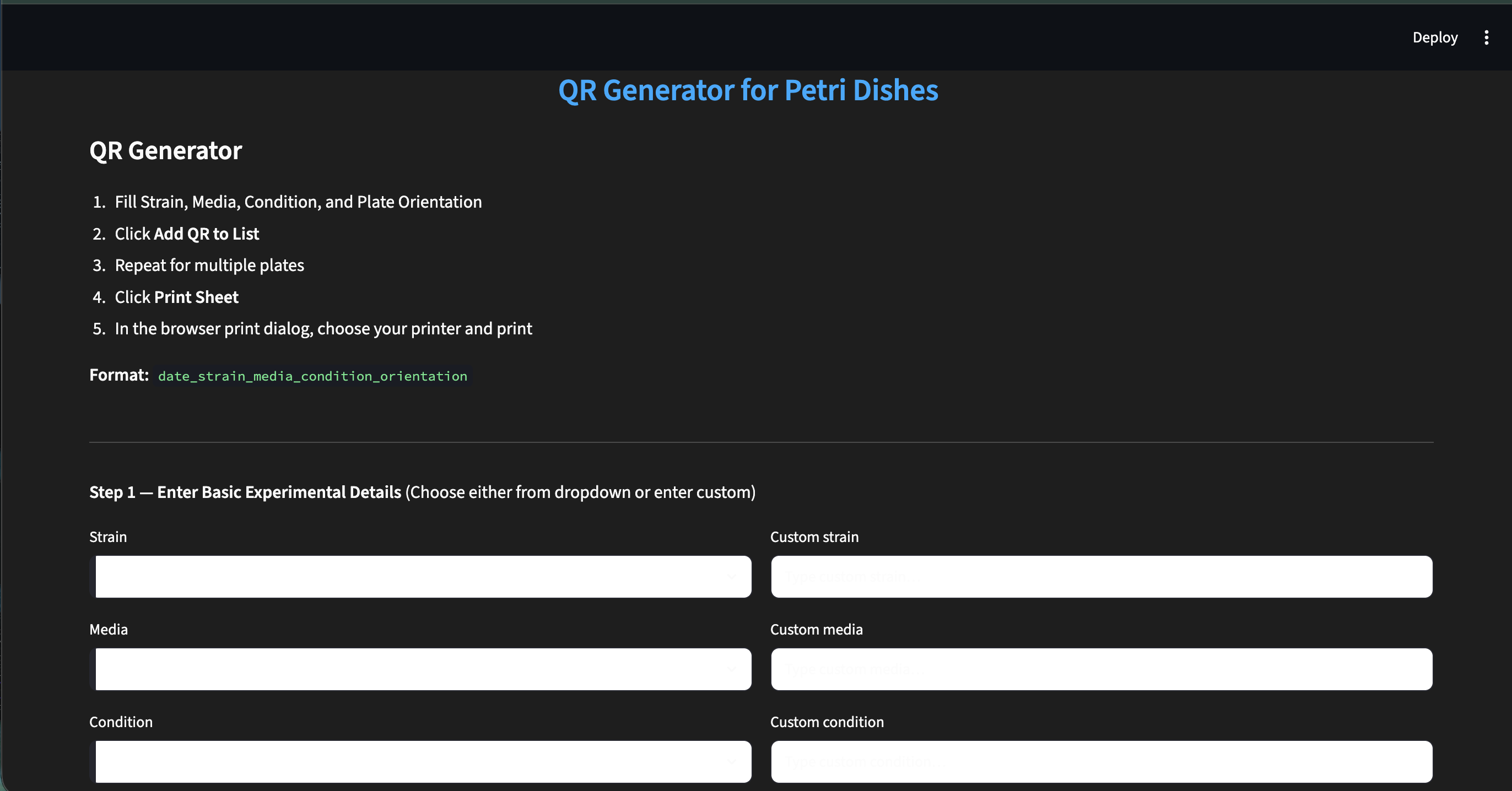 Standalone QR generator — entering strain, media, condition, and plate orientation details