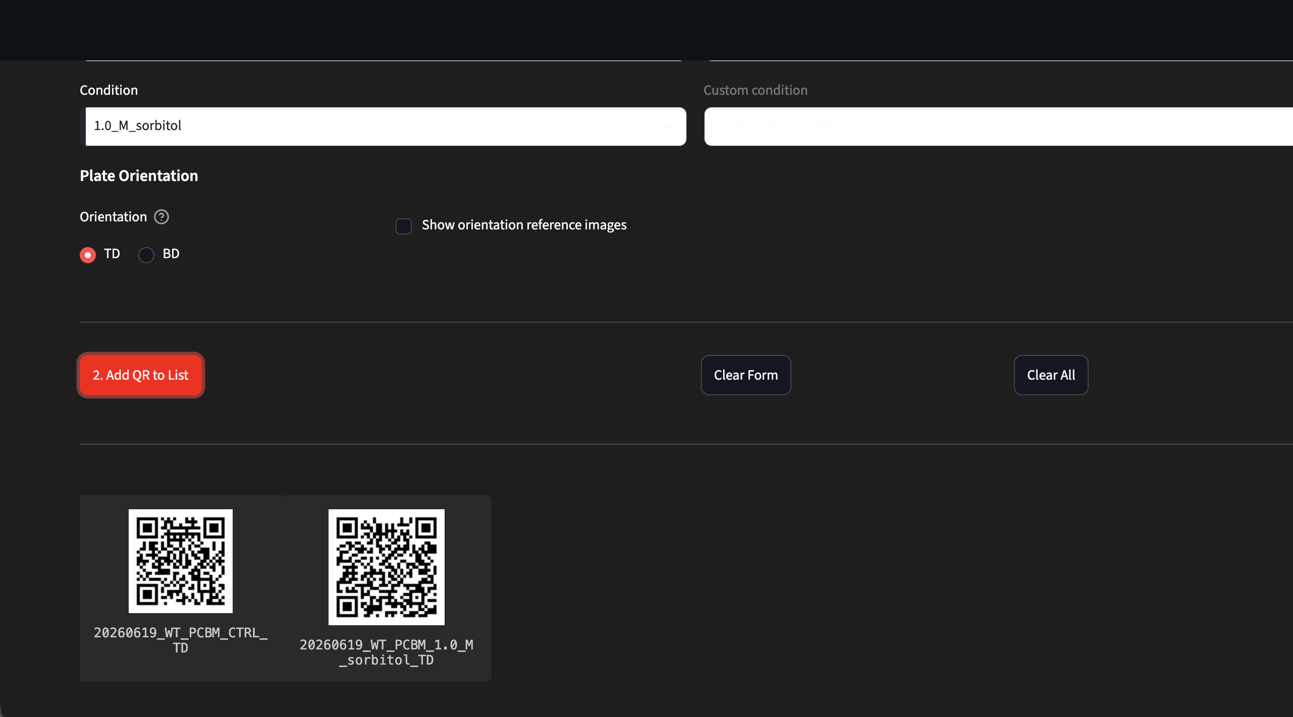 Standalone QR generator — selecting plate orientation and adding a QR code to the list