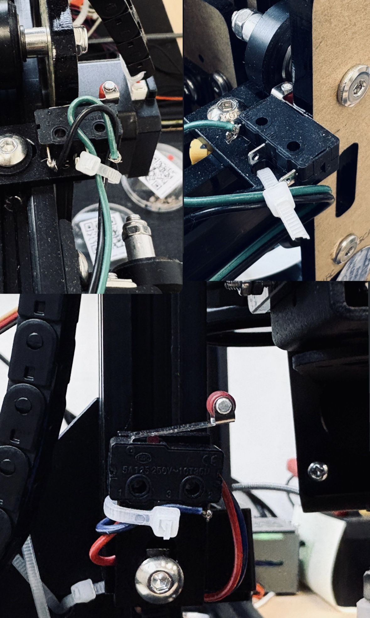 Close-up of axis endstop microswitches on the X, Y, and Z axes