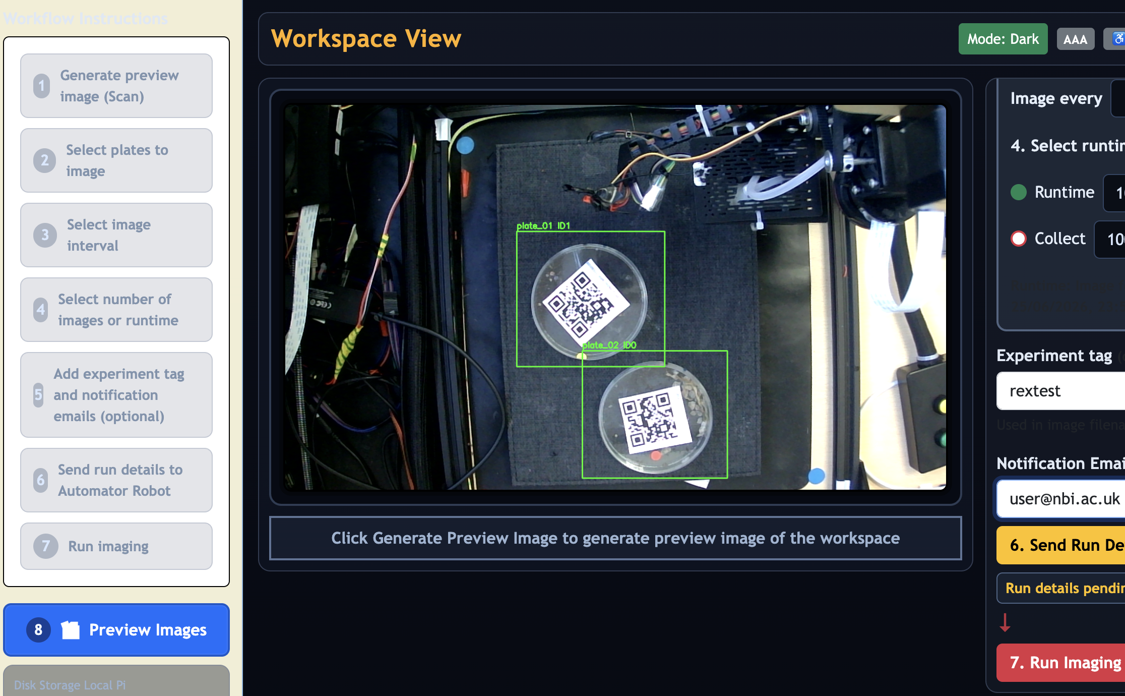 Left workflow instruction panel showing the numbered imaging steps