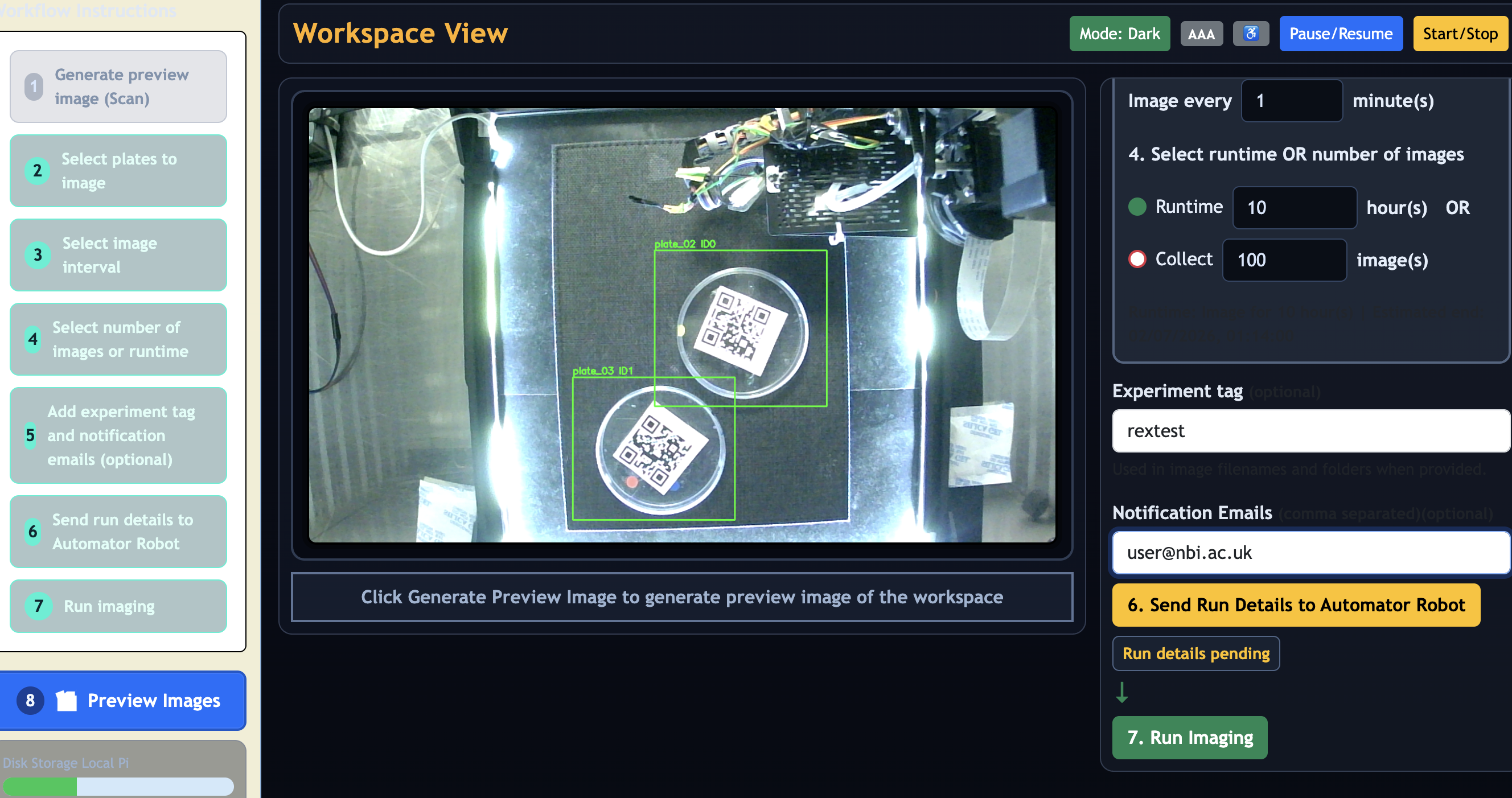 Live imaging view showing run status and log output during an active run