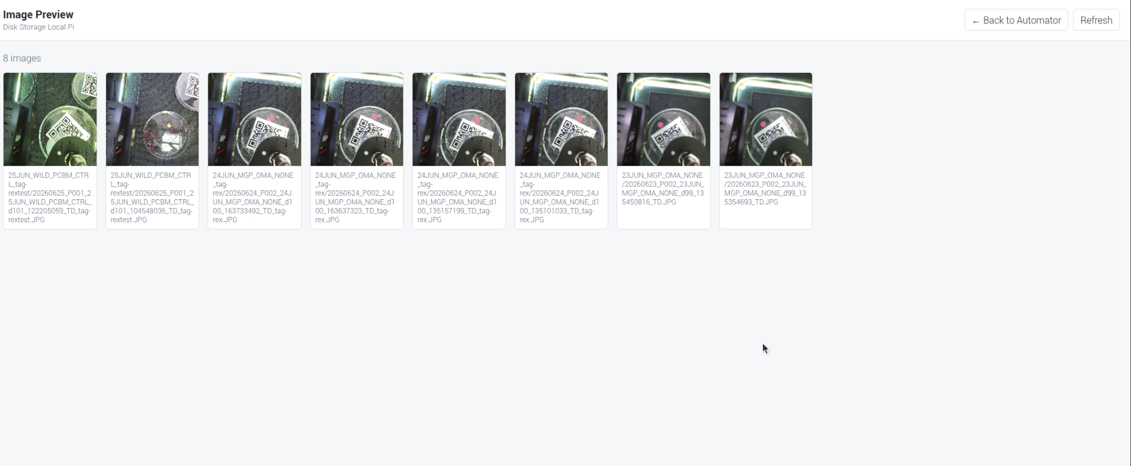 Image gallery browser showing stored plate images