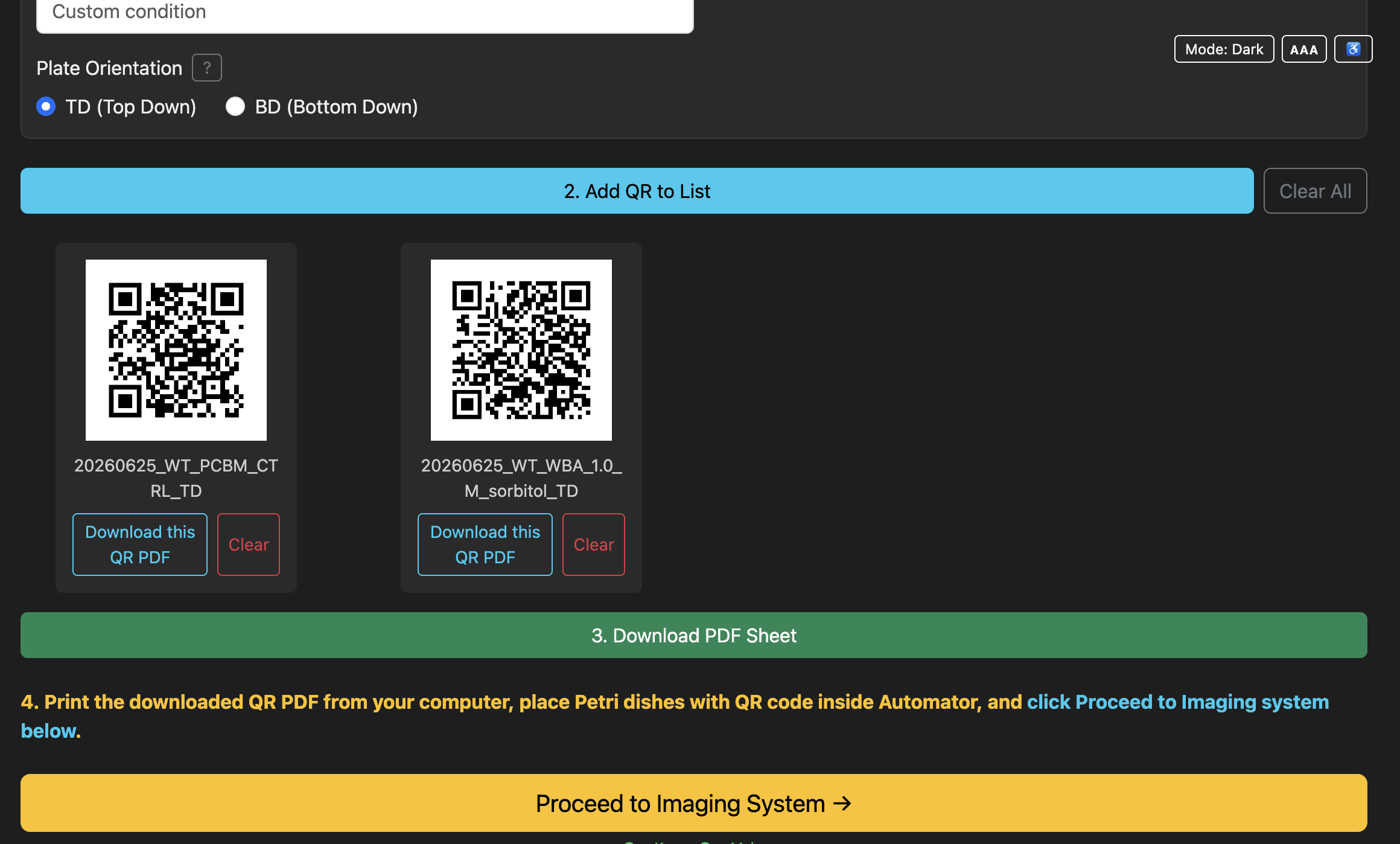 QR generator controls for adding labels