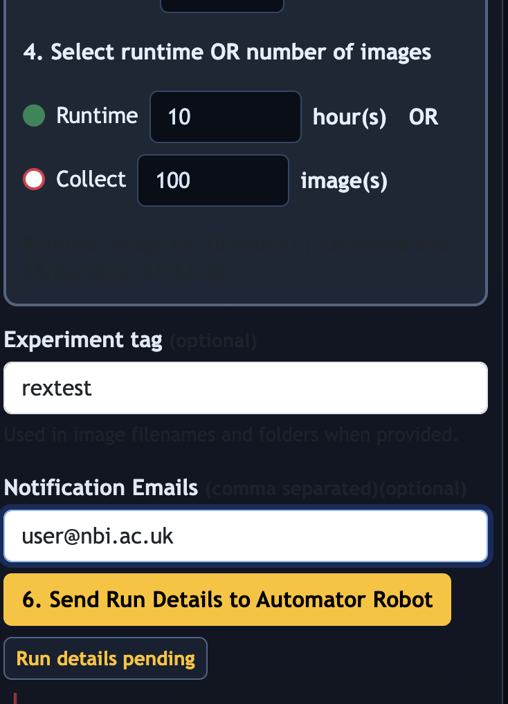 Experiment tag and notification email fields on the main imaging page