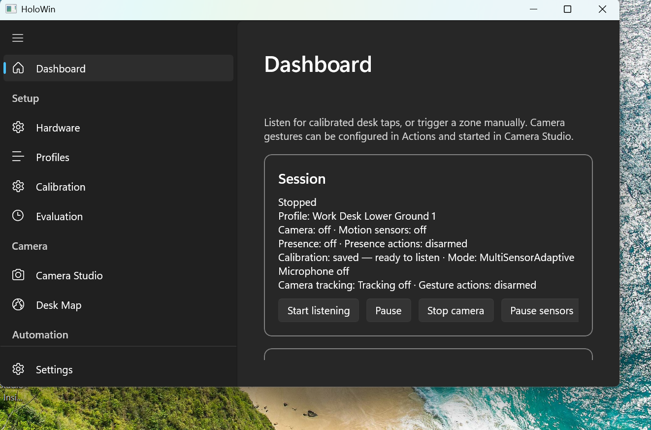 HoloWin dashboard with profile, calibration and sensor controls